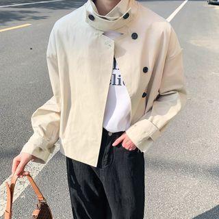 Mock-neck Plain Button-up Split Oversize Jacket