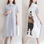 Short-sleeve Bear Print Plaid Midi Shirt Dress