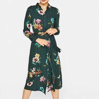 Long-sleeve Striped Tie-waist Dress