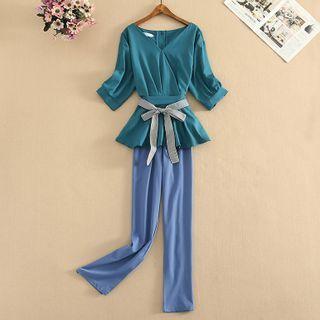 Set: Short-sleeve Sashed Blouse + Straight Leg Pants