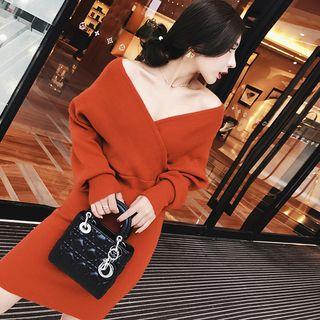 Long-sleeve V-neck Mini Knit Dress Tangerine Red - One Size