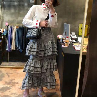 Gingham Tiered Maxi Skirt/ Heart Embroidered Shirt