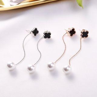 925 Sterling Silver Faux Pearl Clover Dangle Earring