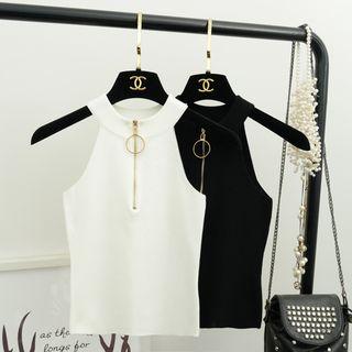 Cropped Half-zip Halter Knit Top
