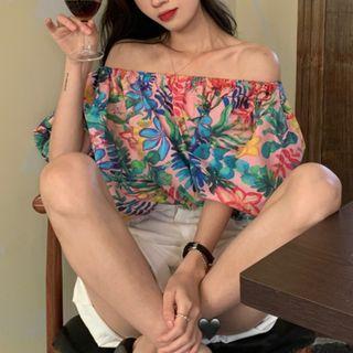 Puff-sleeve Off-shoulder Flower Print Blouse Blue & Green & Pink - One Size