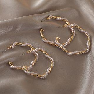 Faux Pearl Twisted Open Hoop Earring