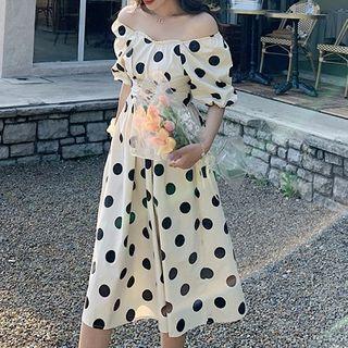 Dotted Puff-sleeve Lace-up Midi A-line Dress