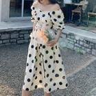 Dotted Puff-sleeve Lace-up Midi A-line Dress