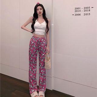 Plain Cropped Tube Top / High-waist Printed Straight-cut Pants