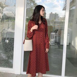 Dot V-neck Long-sleeve Dress Red - One Size