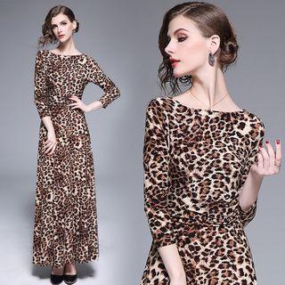 3/4-sleeve Leopard Print A-line Midi Dress