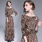 3/4-sleeve Leopard Print A-line Midi Dress