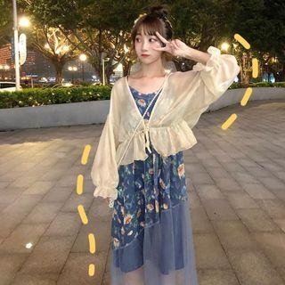 Floral Print Spaghetti Strap A-line Dress / Cropped Chiffon Tie-front Jacket