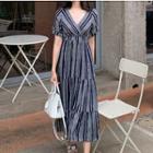 Short-sleeve Printed Wrap Midi A-line Dress