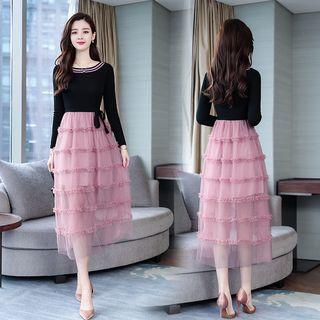 Long-sleeve Striped Trim Mesh Paneled Midi Dress