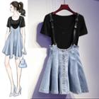 Set: Short-sleeve T-shirt + Buttoned A-line Mini Denim Suspender Skirt