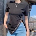 Short-sleeve Lettering Side-slit Zip T-shirt