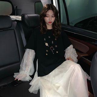 Embroidered Mesh Panel Long-sleeve Top / High-waist Midi A-line Skirt