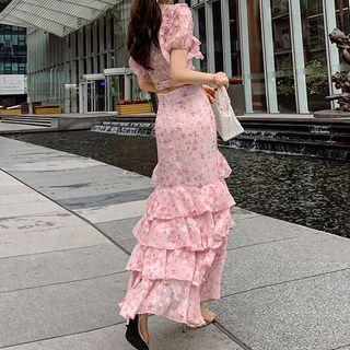 Short-sleeve Floral Chiffon Wrap Top / Tiered Mermaid Midi Skirt / Set