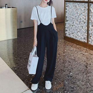 Elbow-sleeve T-shirt / Wide Leg Pants With Suspender / Set