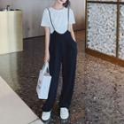 Elbow-sleeve T-shirt / Wide Leg Pants With Suspender / Set