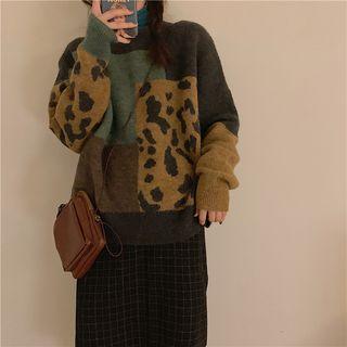 Color Block Leopard Printed Sweater Coffee - One Size