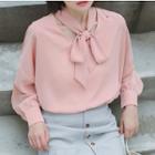 Long-sleeve Plain Blouse Pink - One Size