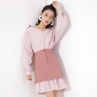 Mock Two-piece Long-sleeve Striped Paneled Dress
