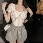 Short-sleeve Floral Print Corset Top White - One Size