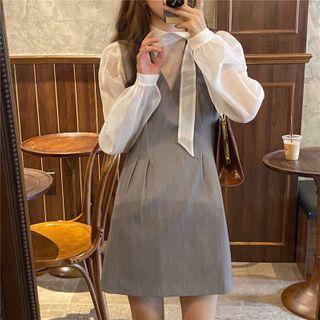 Tie-neck Long-sleeve Blouse / Mini A-line Pinafore Dress