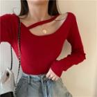 Long-sleeve Round-neck Cut-out Plain Top