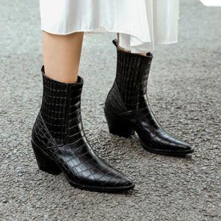 Faux Leather Pointed Block Heel Short Boots