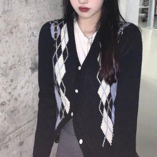 Argyle Asymmetric Cardigan Black - One Size