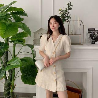 Short-sleeve V-neck Button-front Mini Wrap Dress Almond - One Size