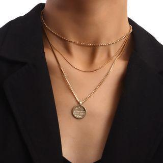 Lettering Disc Pendant Layered Choker Necklace Gold - One Size