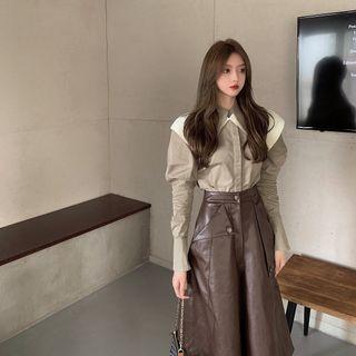 Long-sleeve Irregular Shirt / Faux Leather Midi A-line Skirt