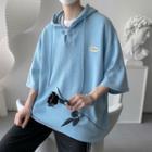 Short-sleeve Drawstring Loose-fit Hoodie