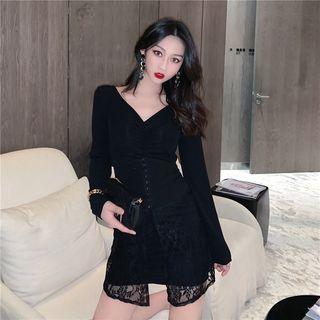 Set: Ruched Long-sleeve Mini Sheath Dress + Lace Trim Corset Belt