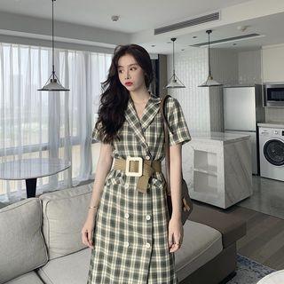 Short-sleeve Double Breasted Plaid Midi Dress
