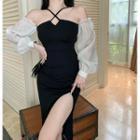 Long-sleeve Two-tone Halter Midi Dress