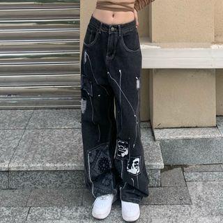 Straight Wide Leg Graffiti Jeans