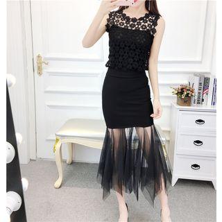 Set: Crochet Trim Tank Top + Mesh Hem Midi Skirt