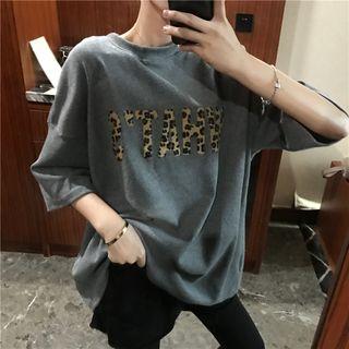 Leopard Print Lettering Elbow-sleeve T-shirt