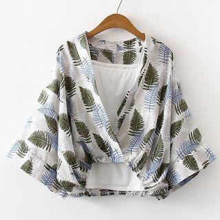 Set: Camisole Top + Elbow-sleeve Leaf Print Blouse Blouse - Blue & Green Leaf - White - One Size