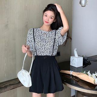 Set: Puff-sleeve Floral Print Blouse + High-waist Shorts