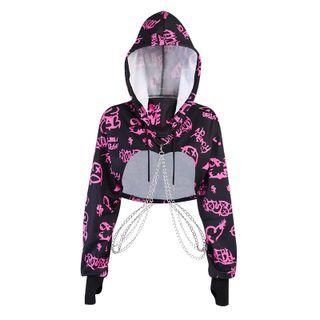 Lettering Print Chained Cropped Hoodie