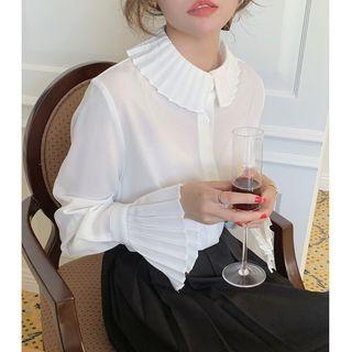 Long-sleeve Plain Frilled Blouse White - One Size