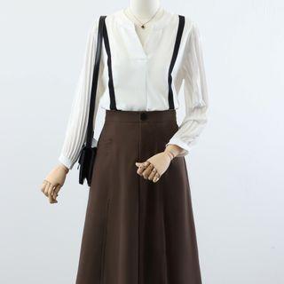 Puff-sleeve Pleated Blouse / Midi A-line Skirt