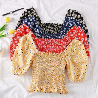 Square-neck Printed Smocked Blouse