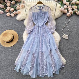 Long-sleeve Round-neck Lace Panel Mesh Dress